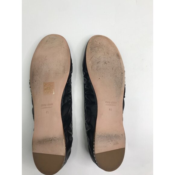 Miu Miu Leather Ballet Bow Rhinestone Heel Flat Shoe Black Size 41 - Picture 6 of 7